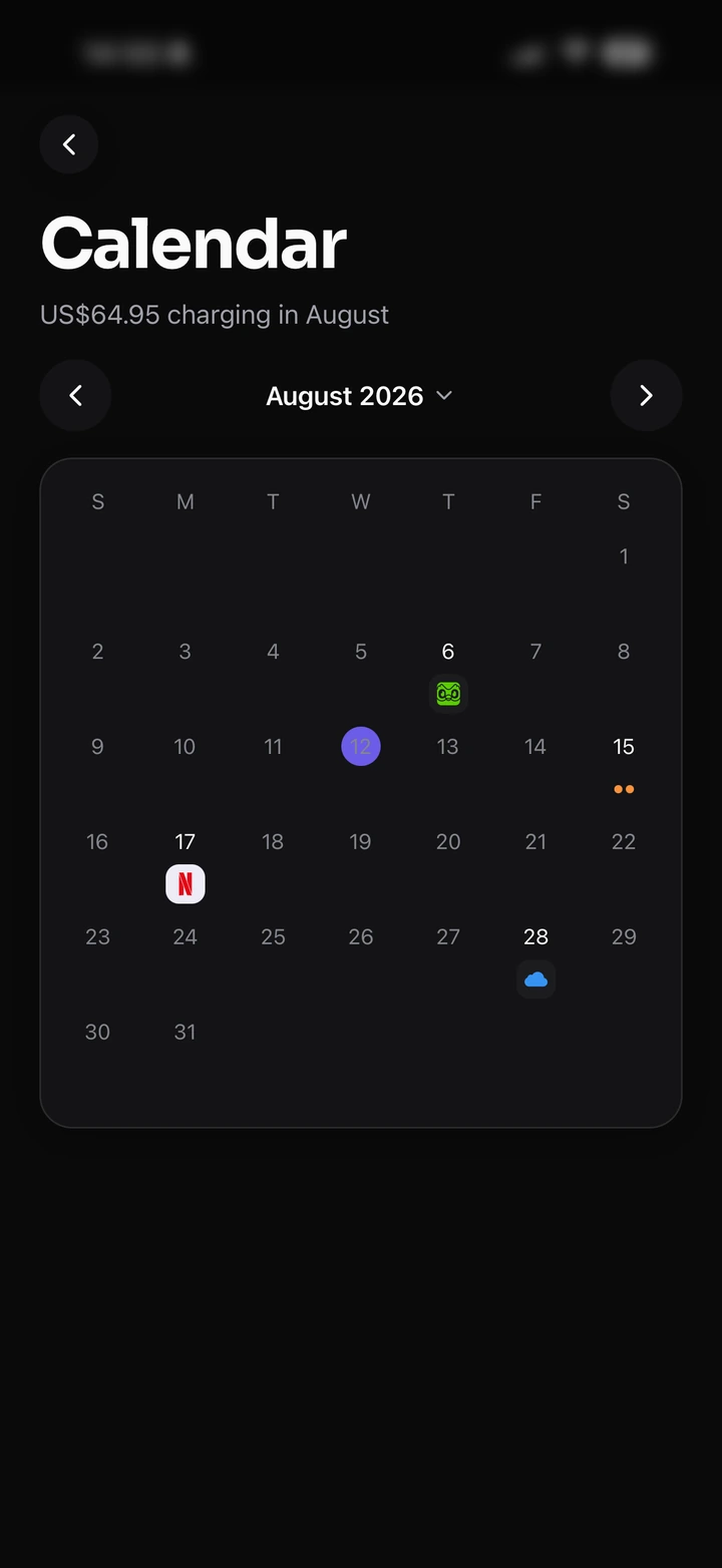 The Hidden Spend Calendar screen: August 2026 on a month grid, with service icons marking the days Netflix and two other subscriptions charge.
