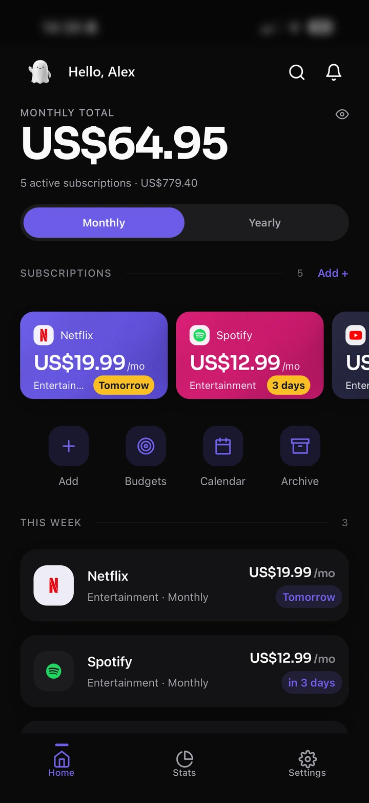 The Hidden Spend Home screen: a monthly total of US$64.95 across five active subscriptions, with Netflix and Spotify listed below and their next charge dates beside them.