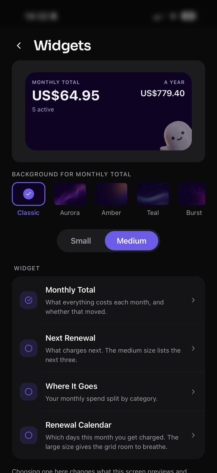 The Hidden Spend Widgets screen: a preview of the Monthly Total widget above a row of background choices and a list of the four available widgets.